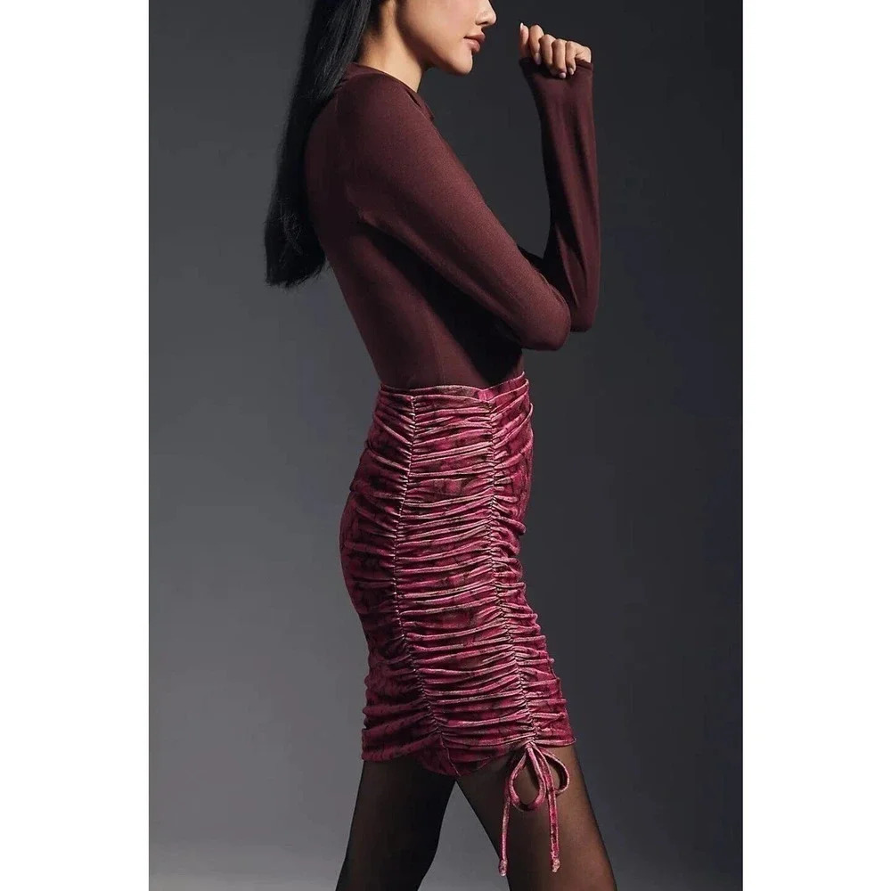 NWT Anthropologie Ruched Velvet Floral Mini Skirt Pull On Size S